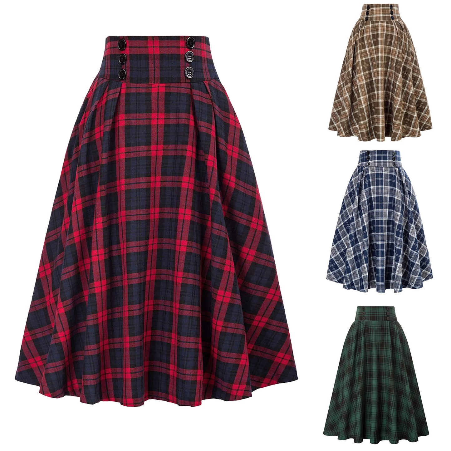 High Waist Plaid Big Hem Plaid Elastic Waist A- Line Skirt