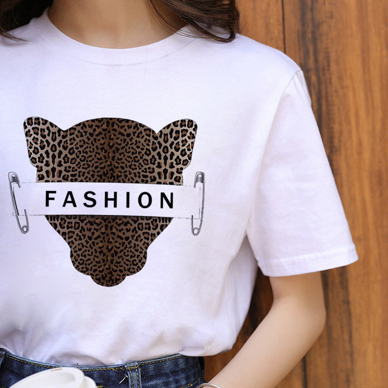 Leopard Pattern Print Ladies Simple Round Neck Short Sleeve T-shirt