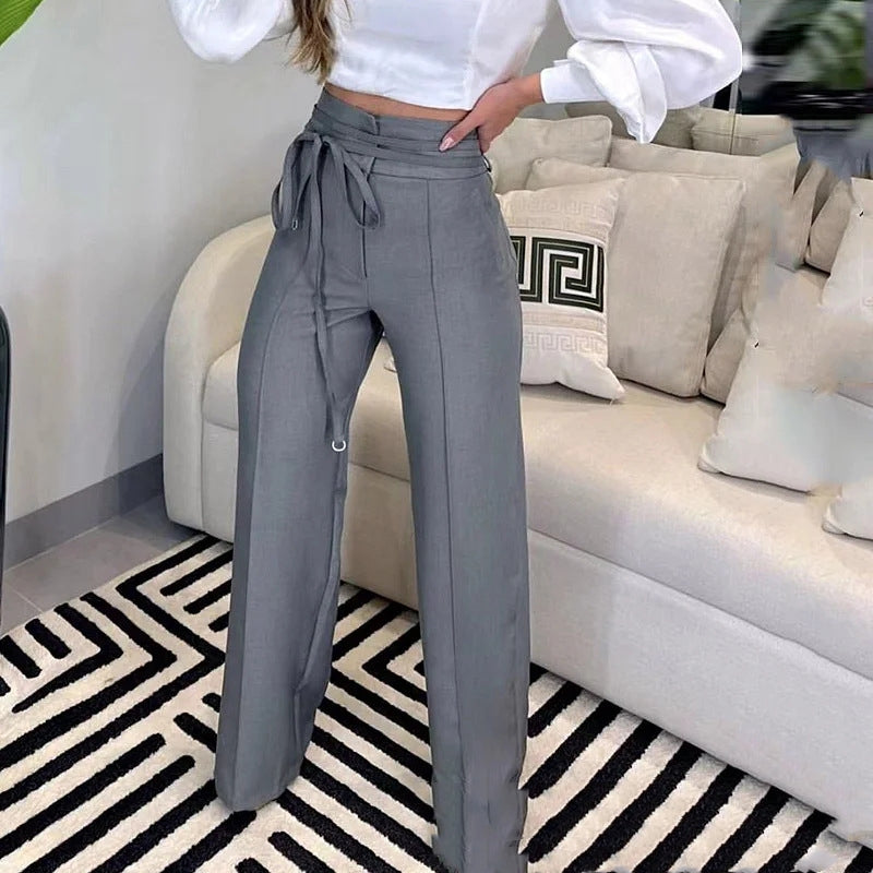 Gray High Waist Lace-up Suit Pants
