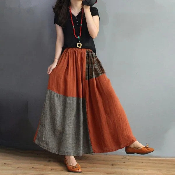 Retro Artistic Style Loose Elastic Waist Cotton And Linen Skirt Slimming A- Line Skirt