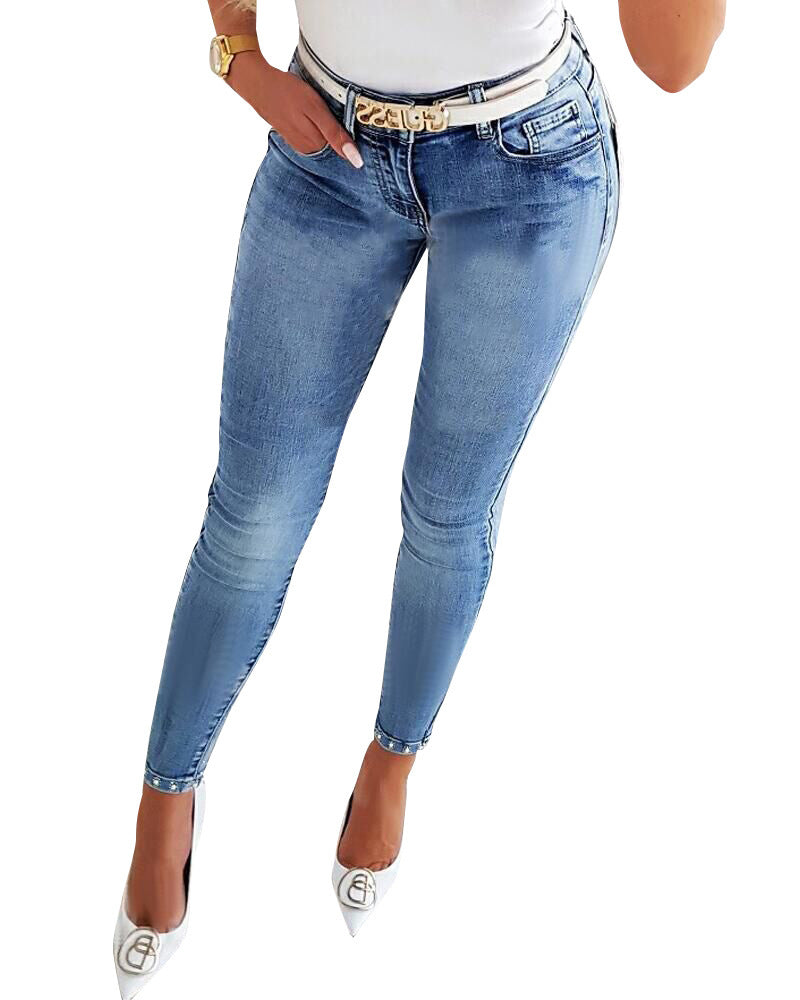 Women's Jeans High Waist Beaded Tappered Pants