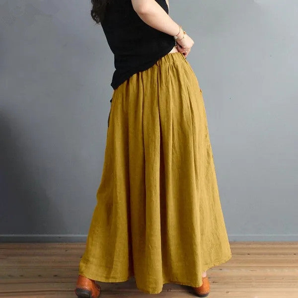 Retro Artistic Style Loose Elastic Waist Cotton And Linen Skirt Slimming A- Line Skirt