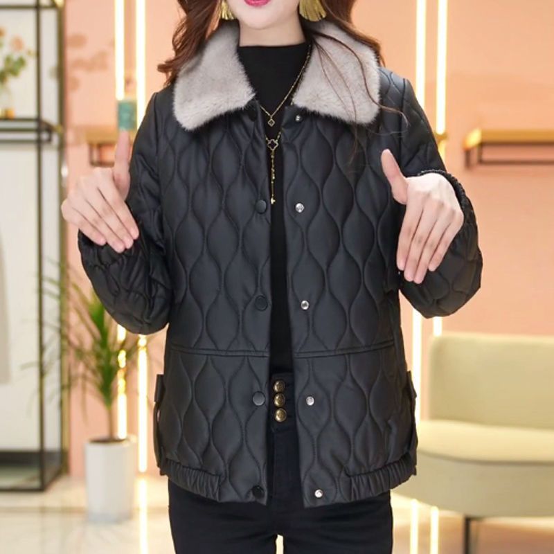 Non-split Leather Disposable Down Cotton-padded Coat For Women Short Leather Jacket