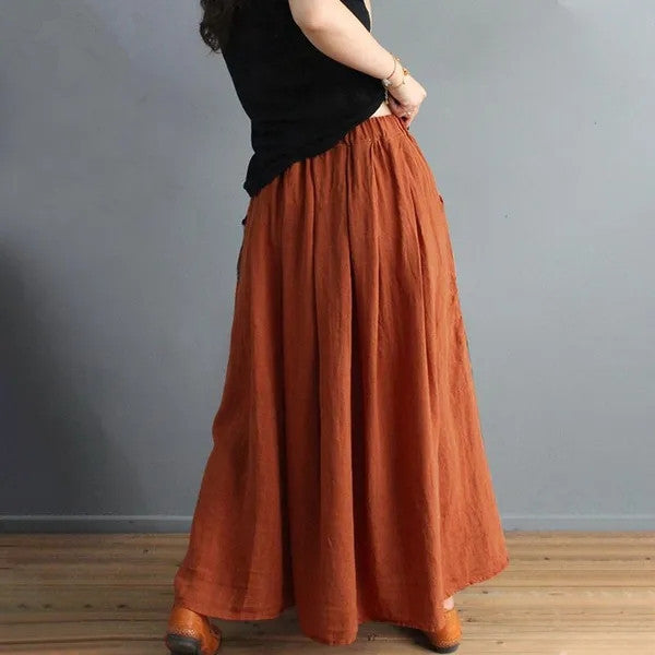 Retro Artistic Style Loose Elastic Waist Cotton And Linen Skirt Slimming A- Line Skirt