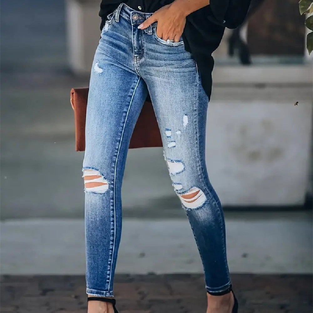 Women's Stretch High Waist Retro Washed Ripped Skinny Jeans