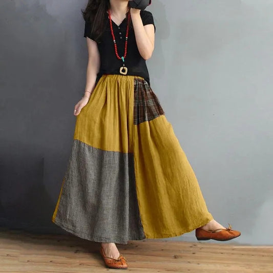 Retro Artistic Style Loose Elastic Waist Cotton And Linen Skirt Slimming A- Line Skirt